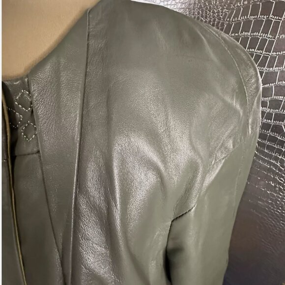 Fergucci Gray Green Leather Satin Printed Liner Collarless Coat Size 38 NWT - Picture 6 of 10